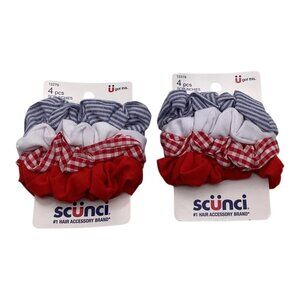 Scunci Hair Scrunchies Red White & Blue Plaid Gingham Striped 4Pcs Lot of 2 USA